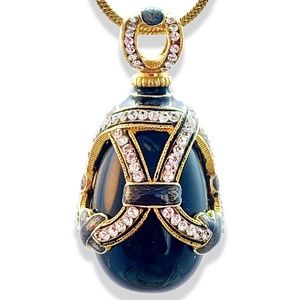 BLACK ONYX STERLING Silver Art Deco Enamel Faberge Egg Pendant Swarovski Crystal